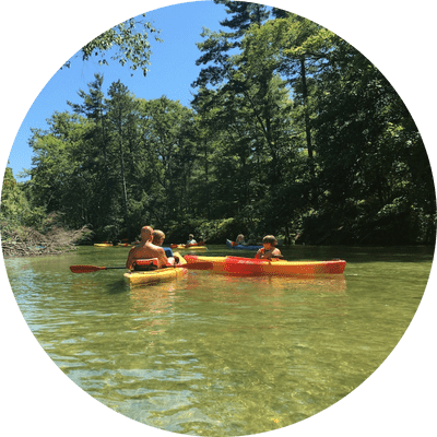 12 group of kayakers paddling down the Lower Platte River